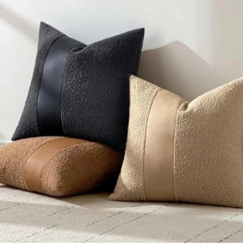 NWT 2-Boucle Pillow Covers 18x18” with Faux Leather, Charcoal Black